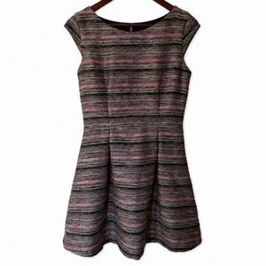 Naf Naf Tweed Dress Fit Flare A Line Pink Black‎ Metallic Striped Cap Sleeve S
